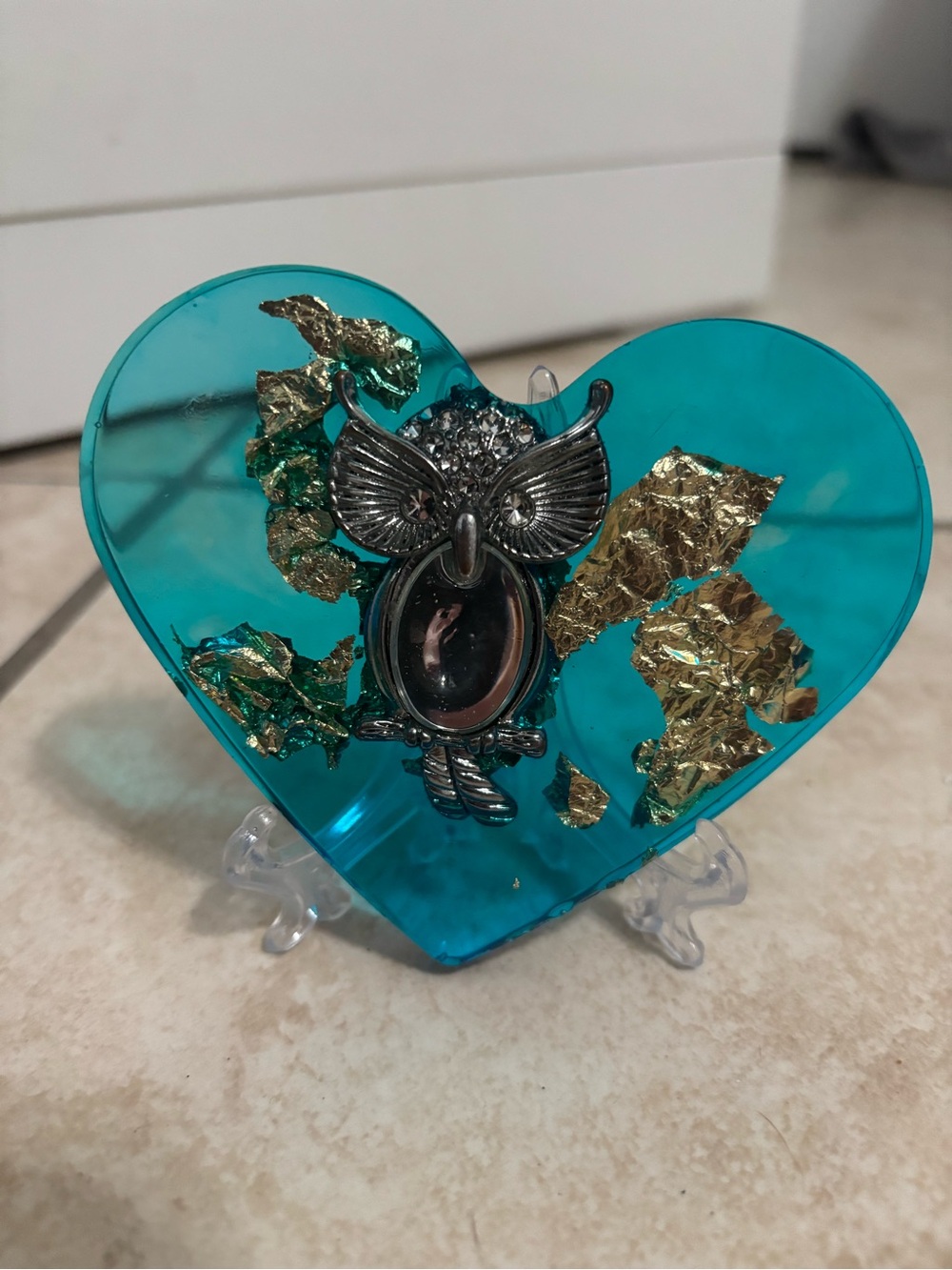 Hand Crafted Teal Heart Sculpture with Gold Leaf and Owl Accent
